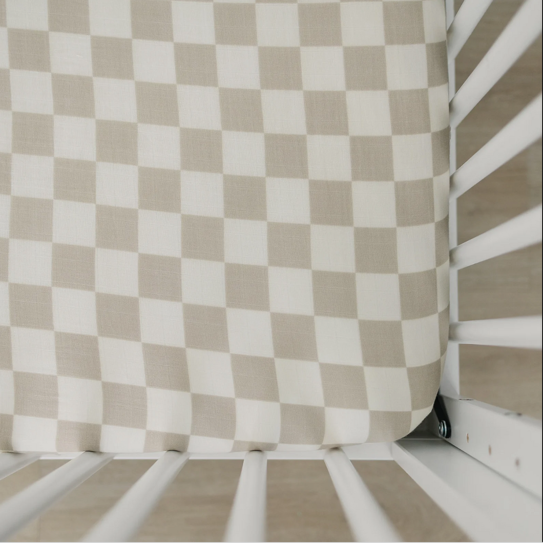 Taupe Checkered Crib Sheet